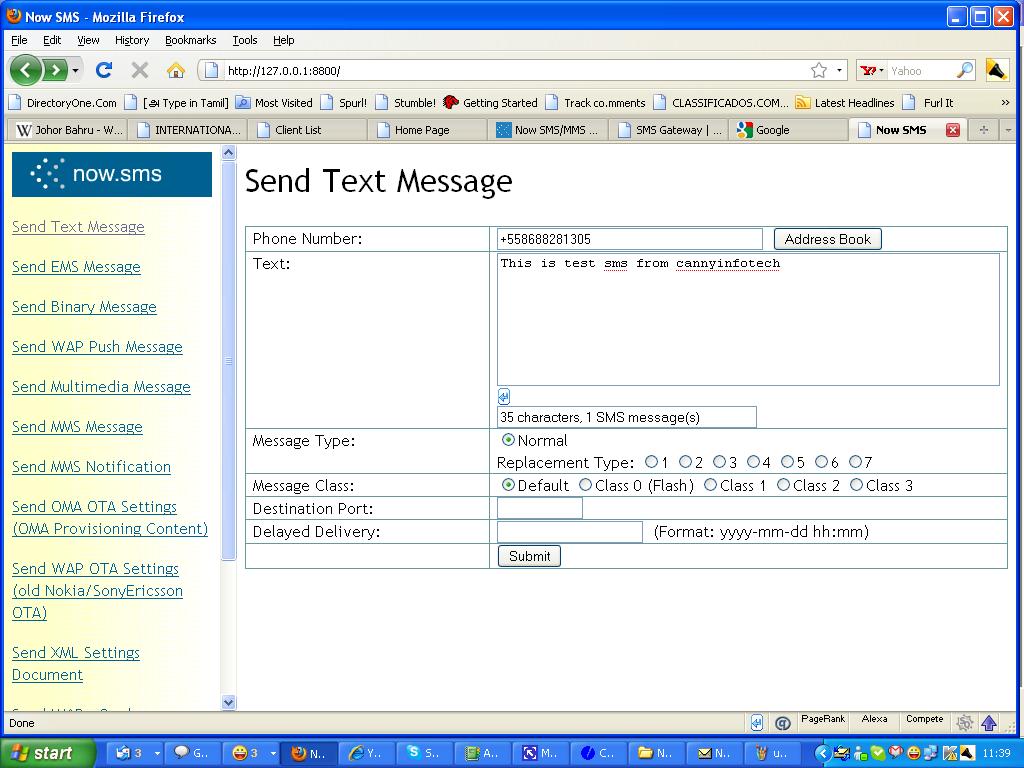 Sending SMS using webpanel 127.0.0.1